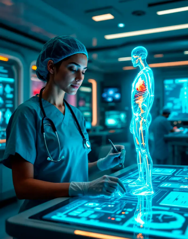 A medical professional interacts with a holographic human anatomy model on a digital interface in a high-tech medical environment